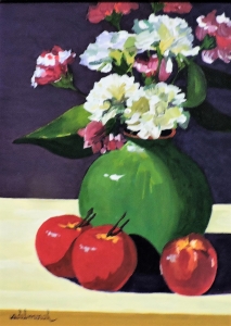 Carnations in Green Vase with Apples