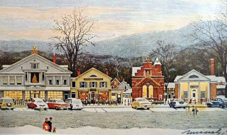 Detail of Norman Rockwell's Stockbridge Main Street at Christmas (1967), depicting the idyllic Christmas town in the USA.